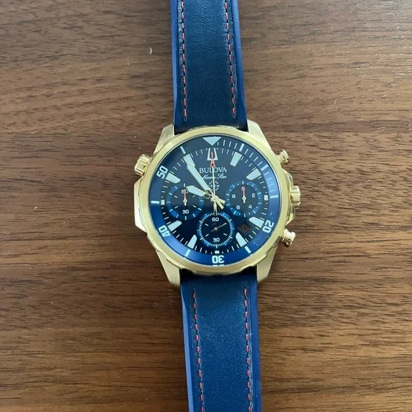 Bulova Marine Star Gold Case with Blue Dial Watch - Picture 2 of 6